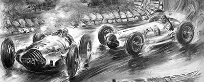 Großer Preis von Italien in Monza, 11. September 1938. Rudolf Caracciola (Startnummer 12) vor einem weiteren Mercedes-Benz Silberpfeil W 154 - Zeichnung von Walter Gotschke.